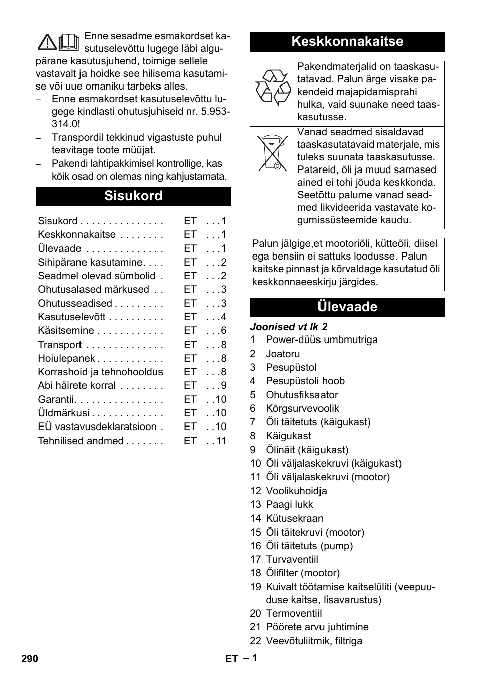 Eesti, Sisukord, Keskkonnakaitse | Ülevaade | Karcher HD 9-50 Pe User Manual | Page 290 / 352