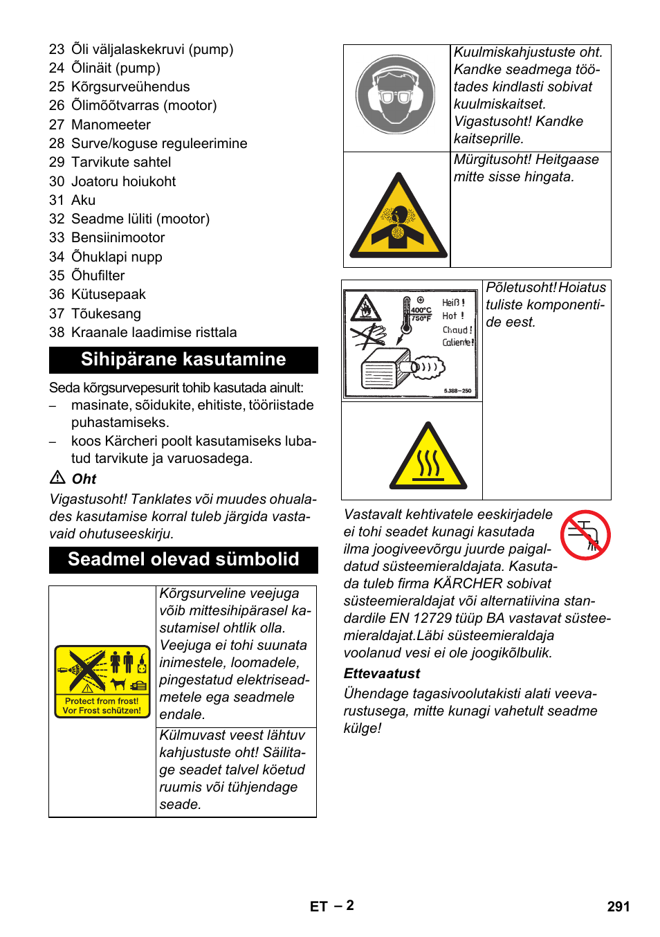 Sihipärane kasutamine seadmel olevad sümbolid | Karcher HD 9-50 Pe User Manual | Page 291 / 352