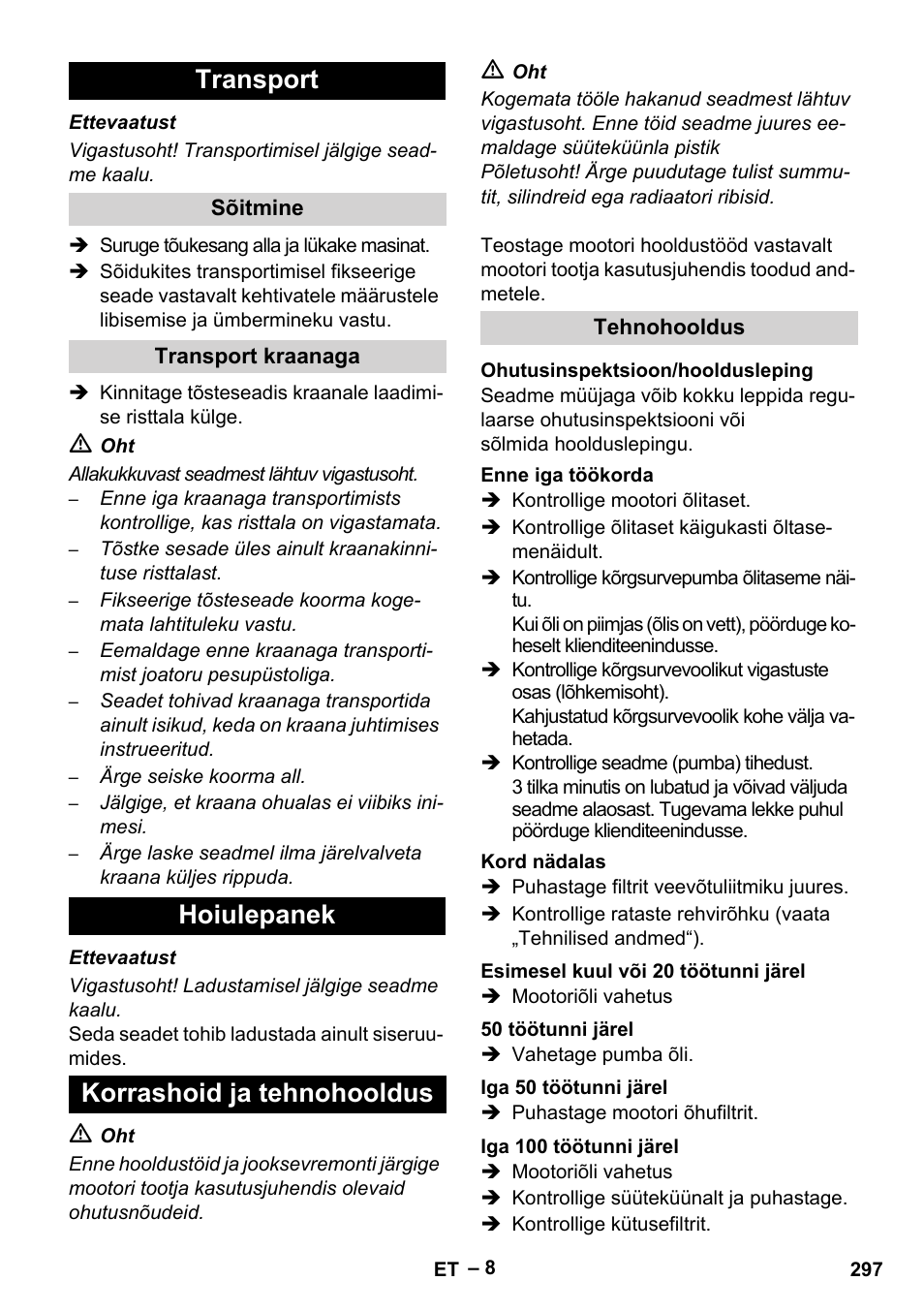 Transport, Hoiulepanek korrashoid ja tehnohooldus | Karcher HD 9-50 Pe User Manual | Page 297 / 352