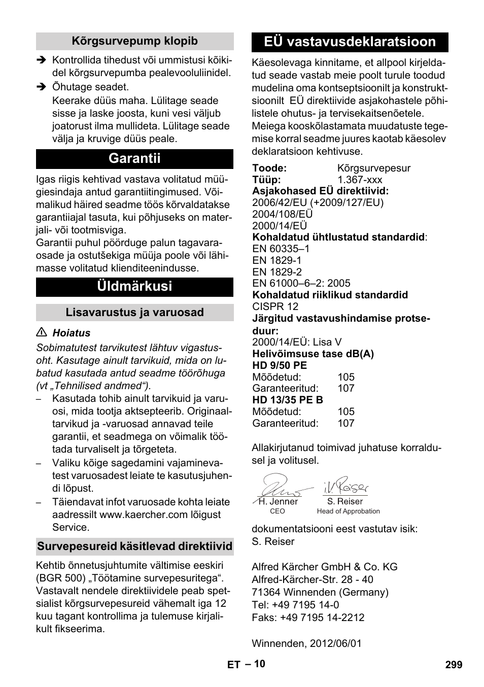 Garantii üldmärkusi, Eü vastavusdeklaratsioon | Karcher HD 9-50 Pe User Manual | Page 299 / 352