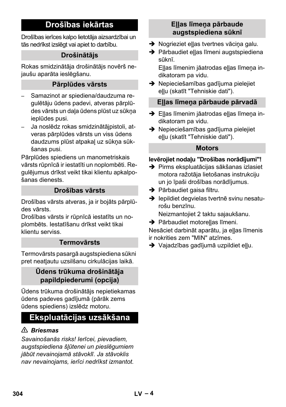 Drošības iekārtas, Ekspluatācijas uzsākšana | Karcher HD 9-50 Pe User Manual | Page 304 / 352