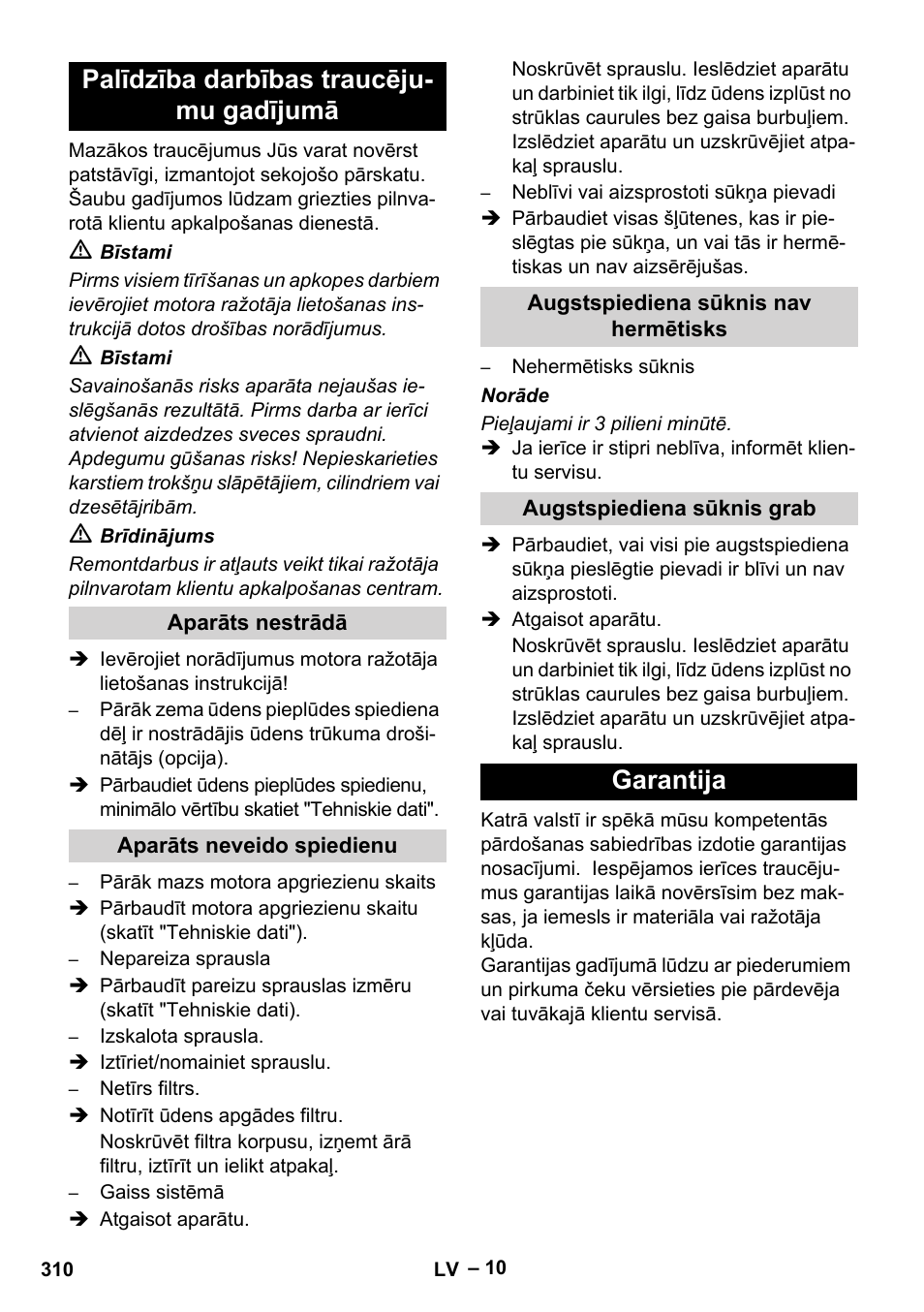 Palīdzība darbības traucēju- mu gadījumā, Garantija | Karcher HD 9-50 Pe User Manual | Page 310 / 352