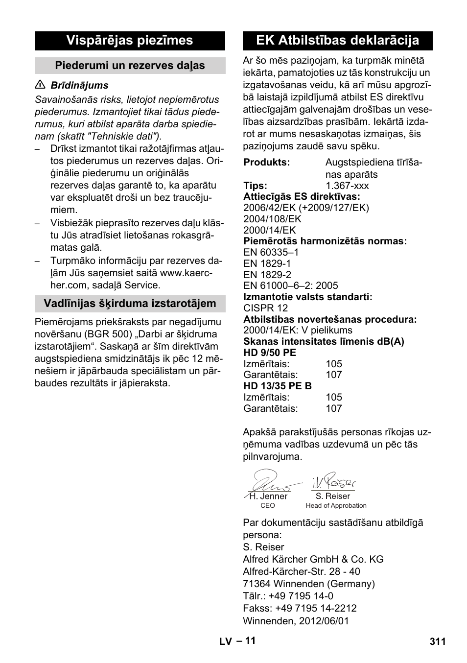 Vispārējas piezīmes, Ek atbilstības deklarācija | Karcher HD 9-50 Pe User Manual | Page 311 / 352