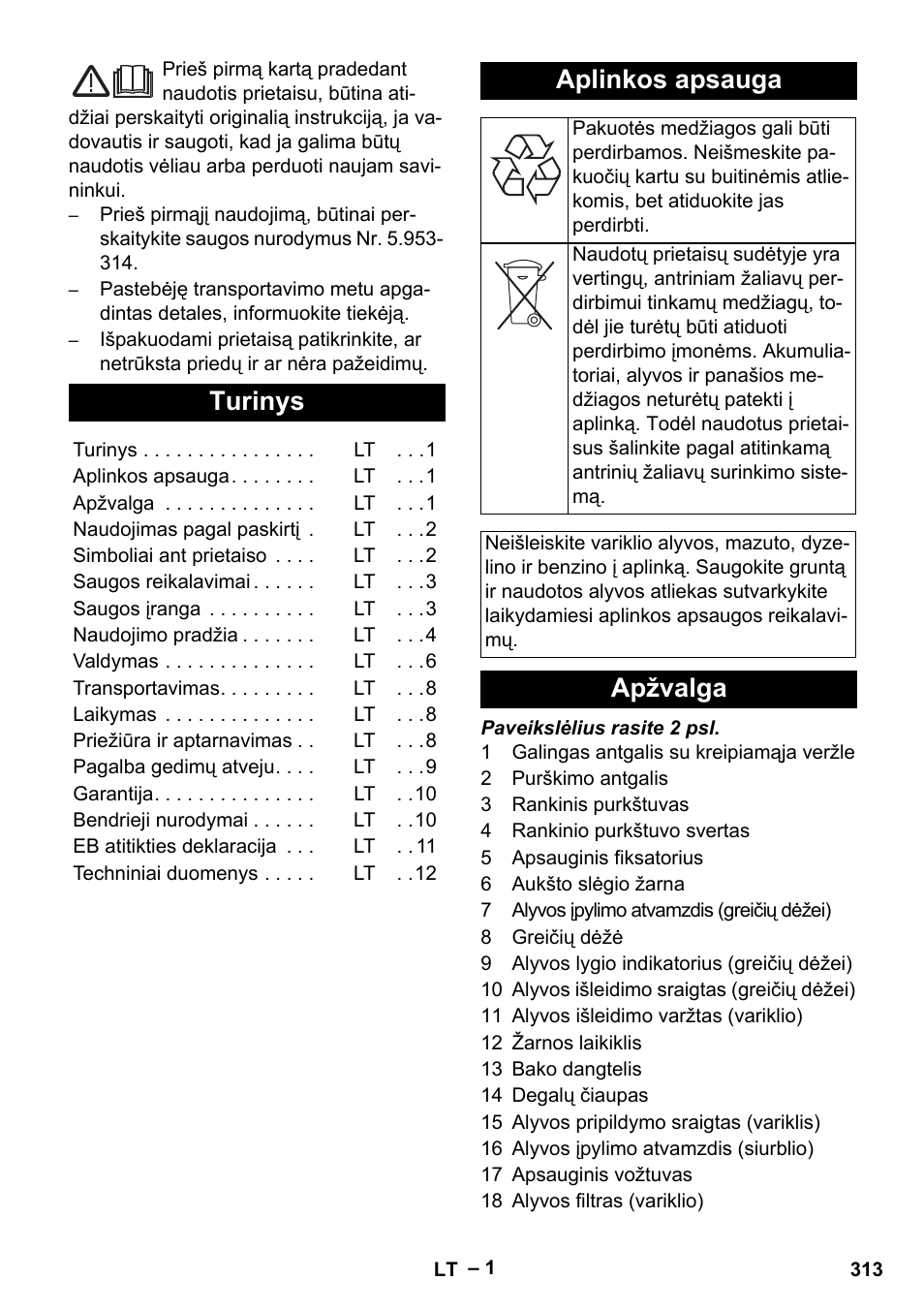 Lietuviškai, Turinys, Aplinkos apsauga | Apžvalga | Karcher HD 9-50 Pe User Manual | Page 313 / 352