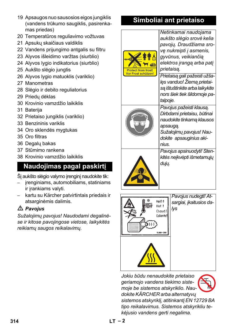 Naudojimas pagal paskirtį simboliai ant prietaiso | Karcher HD 9-50 Pe User Manual | Page 314 / 352