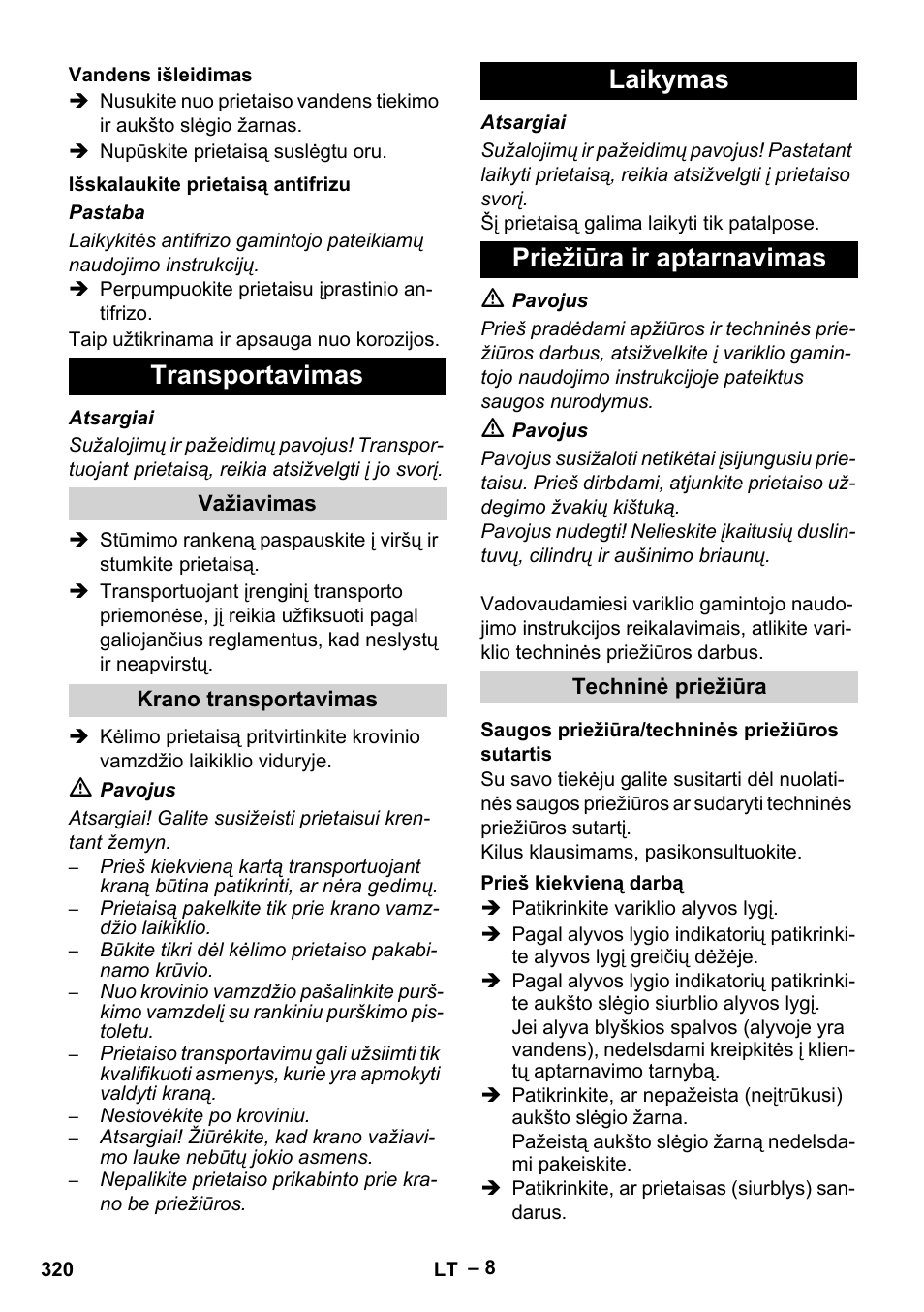 Transportavimas, Laikymas priežiūra ir aptarnavimas | Karcher HD 9-50 Pe User Manual | Page 320 / 352