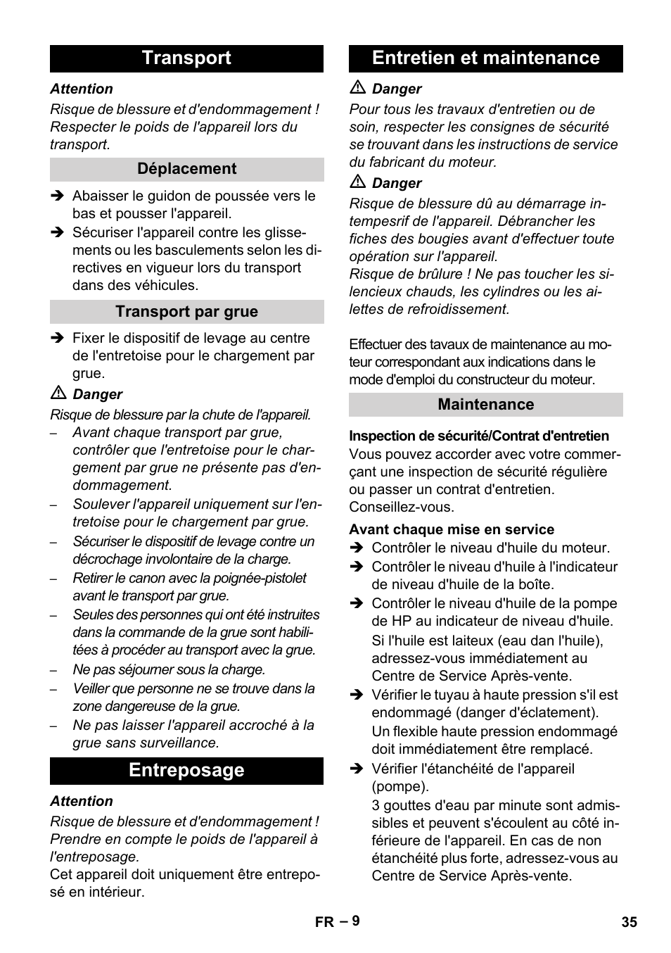 Transport, Entreposage entretien et maintenance | Karcher HD 9-50 Pe User Manual | Page 35 / 352