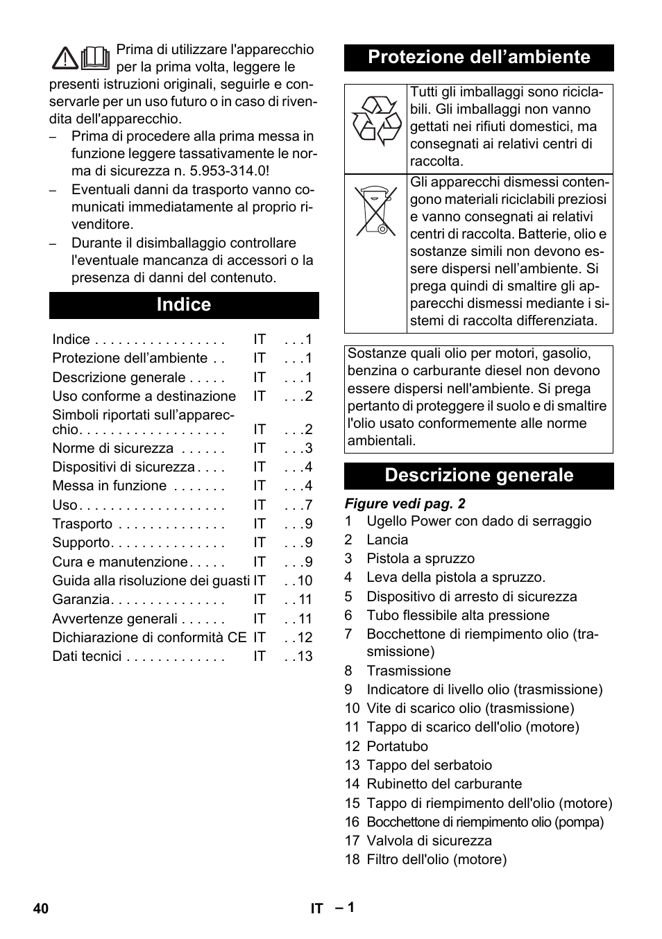 Italiano, Indice, Protezione dell’ambiente | Descrizione generale | Karcher HD 9-50 Pe User Manual | Page 40 / 352