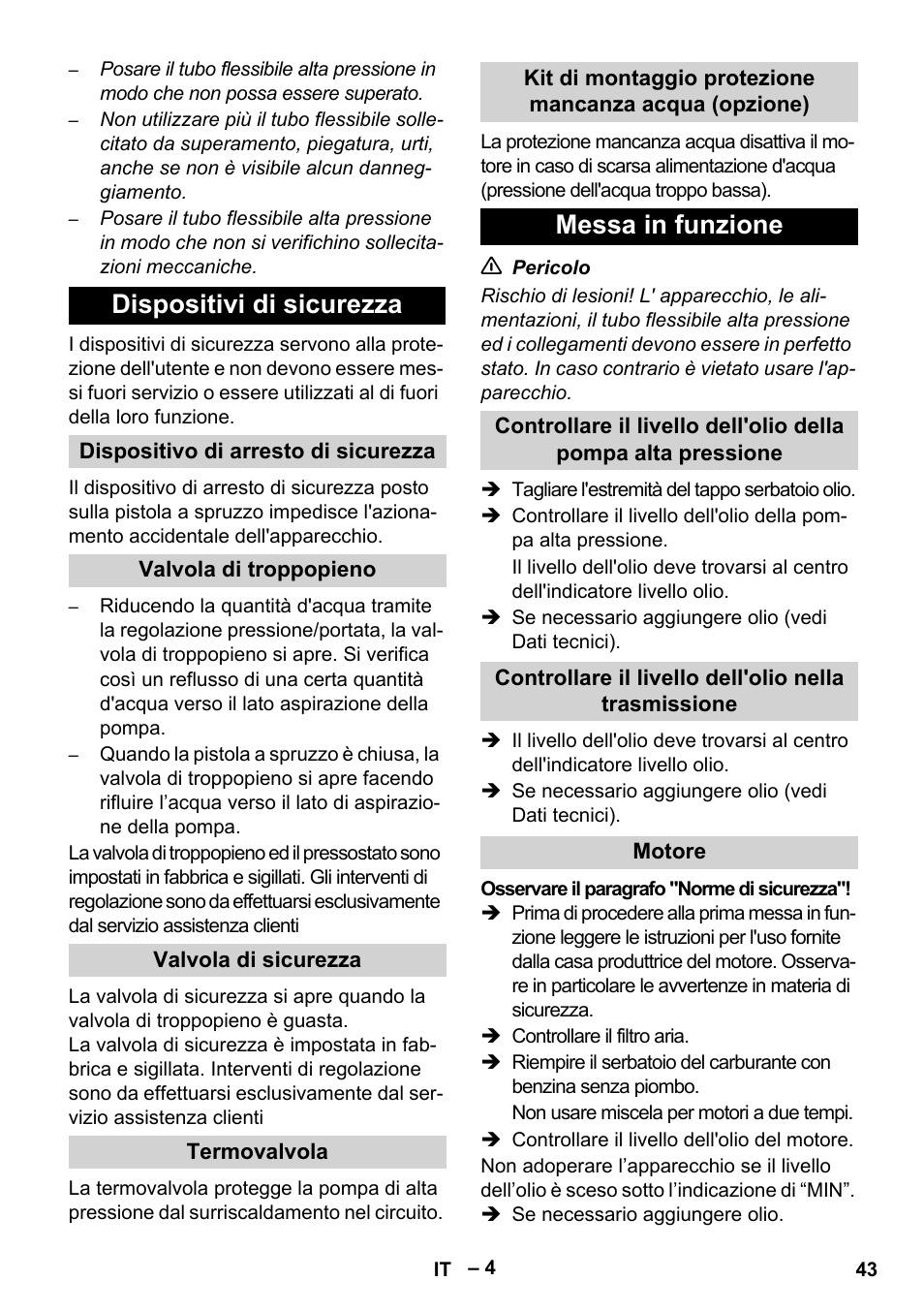 Dispositivi di sicurezza, Messa in funzione | Karcher HD 9-50 Pe User Manual | Page 43 / 352