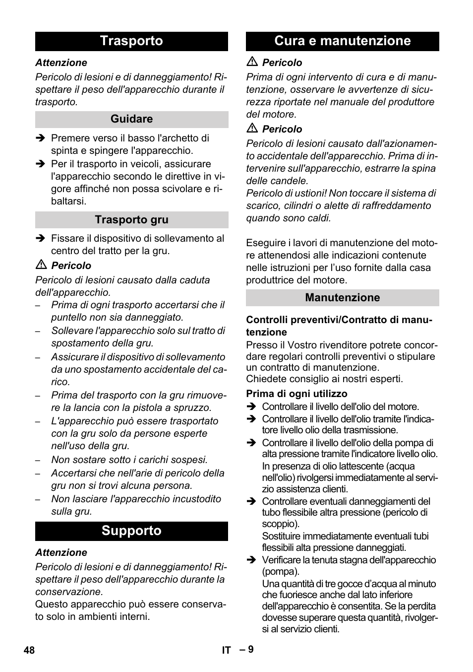 Trasporto, Supporto cura e manutenzione | Karcher HD 9-50 Pe User Manual | Page 48 / 352