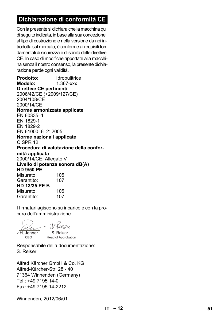 Dichiarazione di conformità ce | Karcher HD 9-50 Pe User Manual | Page 51 / 352