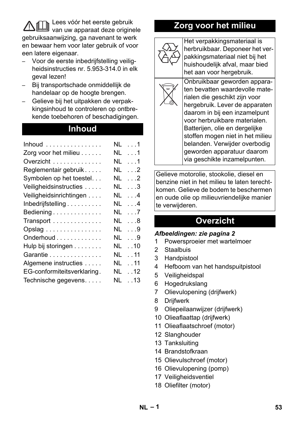 Nederlands, Inhoud, Zorg voor het milieu | Overzicht | Karcher HD 9-50 Pe User Manual | Page 53 / 352