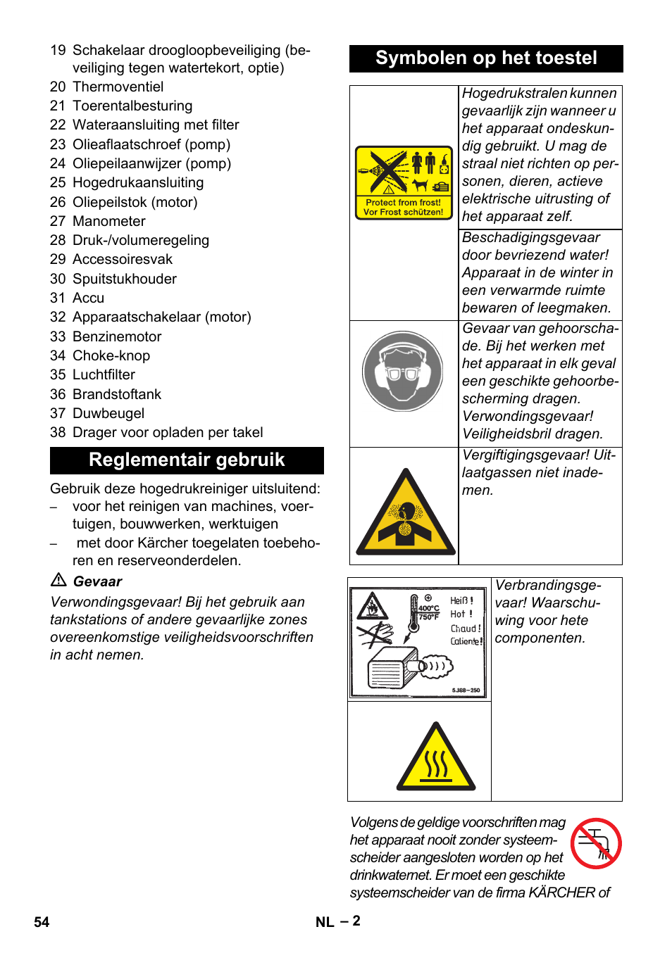 Reglementair gebruik symbolen op het toestel | Karcher HD 9-50 Pe User Manual | Page 54 / 352