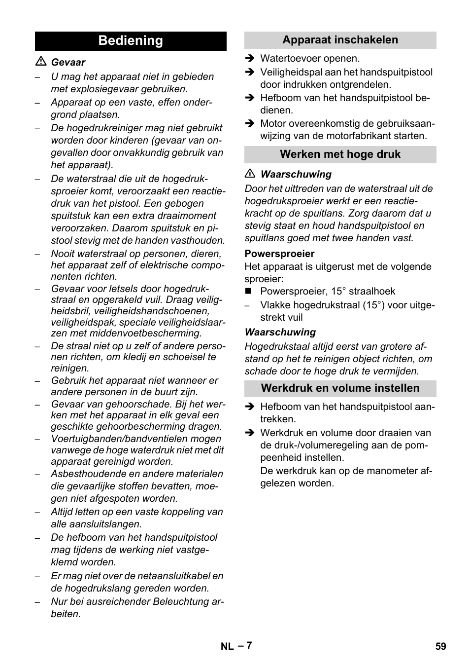 Bediening | Karcher HD 9-50 Pe User Manual | Page 59 / 352