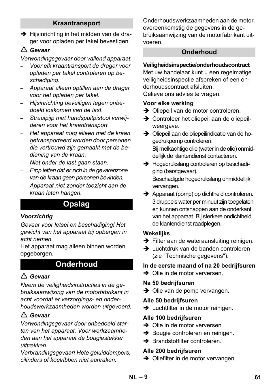 Opslag onderhoud | Karcher HD 9-50 Pe User Manual | Page 61 / 352