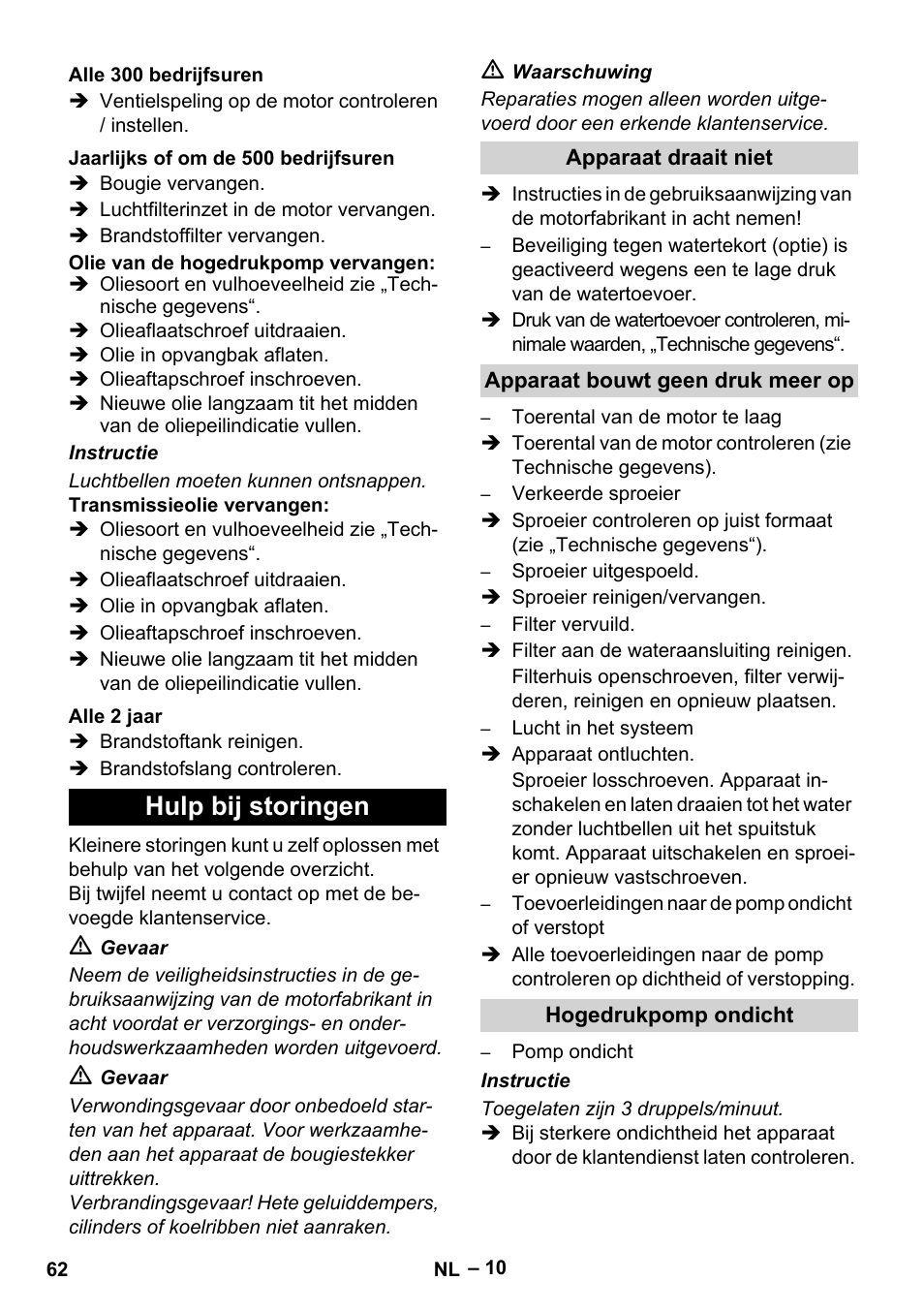 Hulp bij storingen | Karcher HD 9-50 Pe User Manual | Page 62 / 352