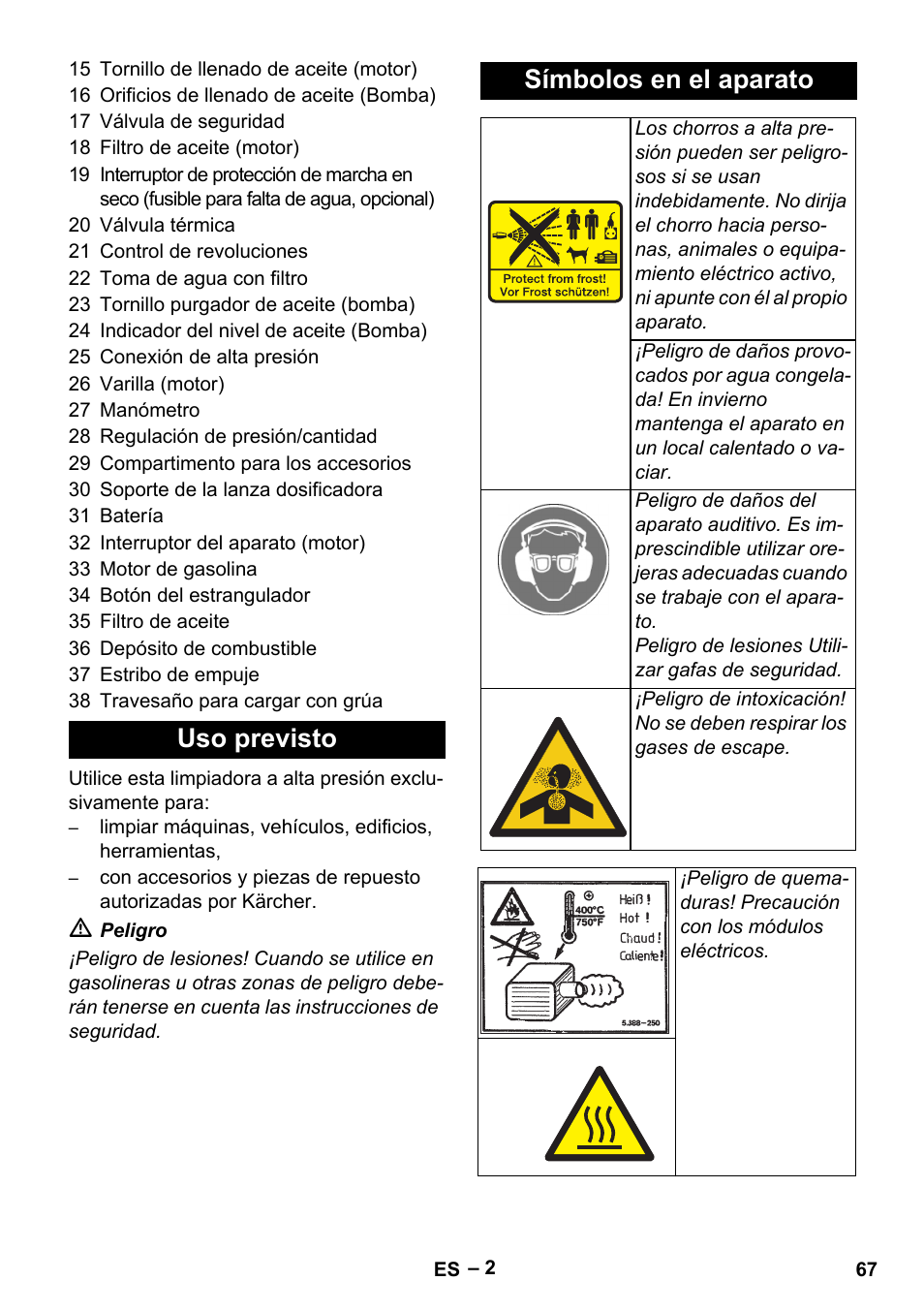 Uso previsto símbolos en el aparato | Karcher HD 9-50 Pe User Manual | Page 67 / 352