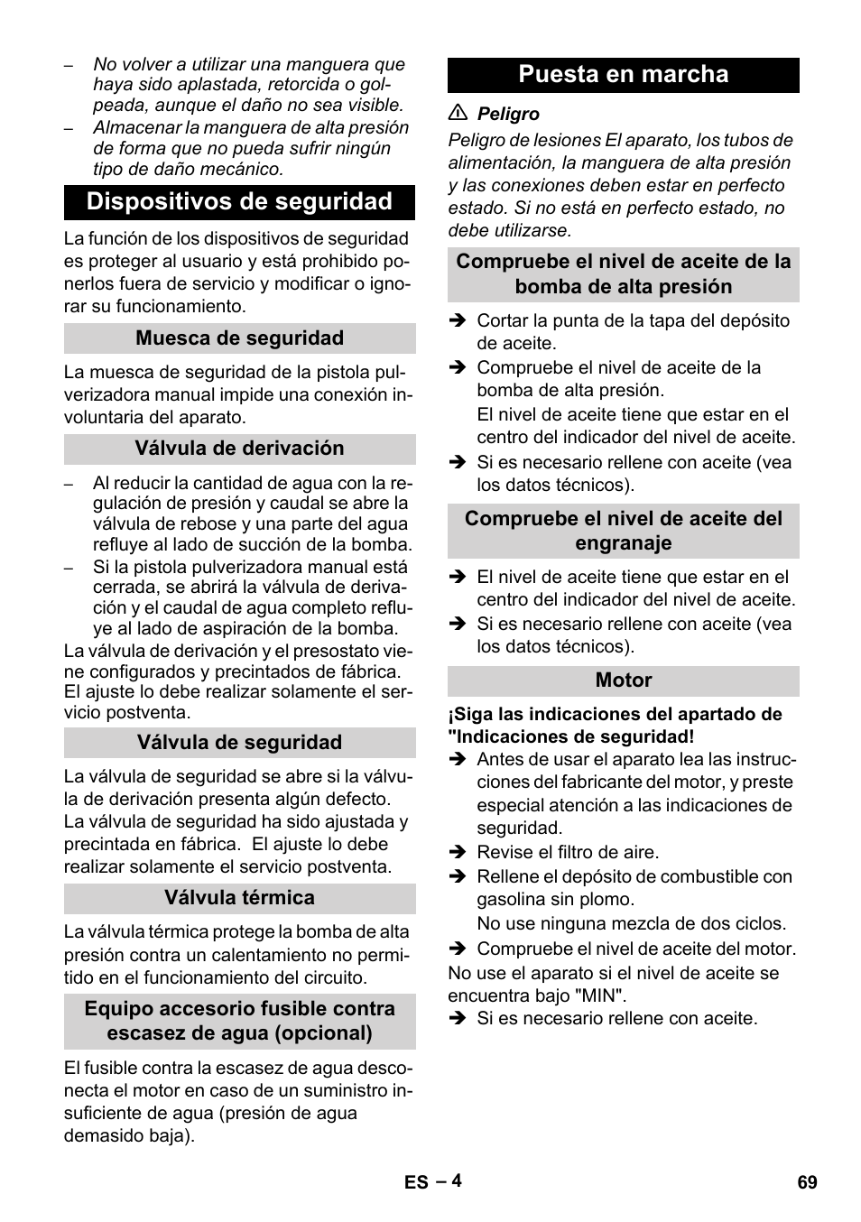 Dispositivos de seguridad, Puesta en marcha | Karcher HD 9-50 Pe User Manual | Page 69 / 352