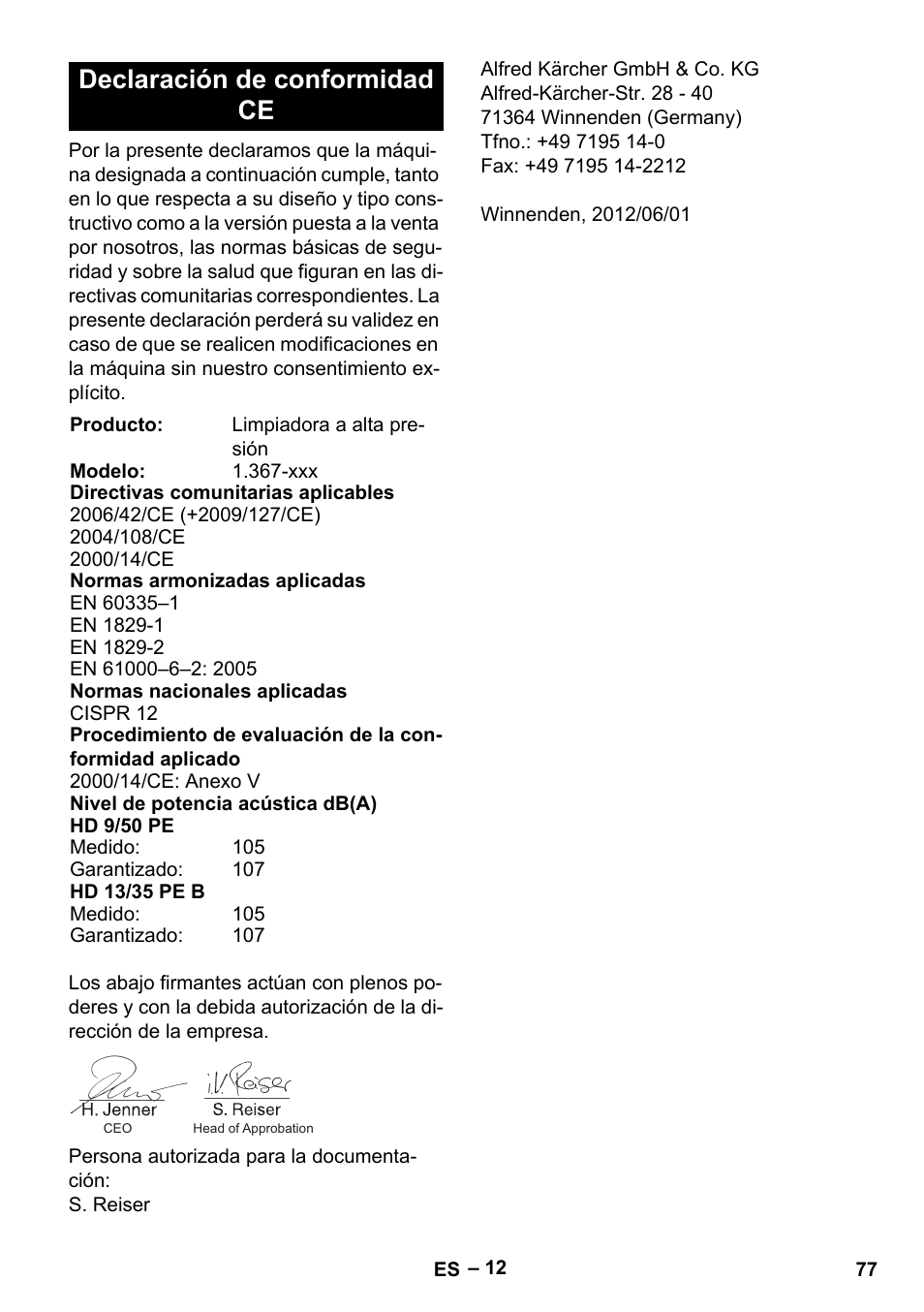 Declaración de conformidad ce | Karcher HD 9-50 Pe User Manual | Page 77 / 352