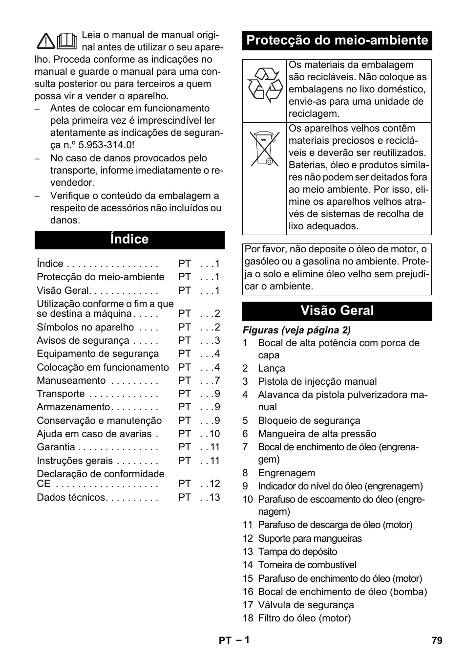 Português, Índice, Protecção do meio-ambiente | Visão geral | Karcher HD 9-50 Pe User Manual | Page 79 / 352