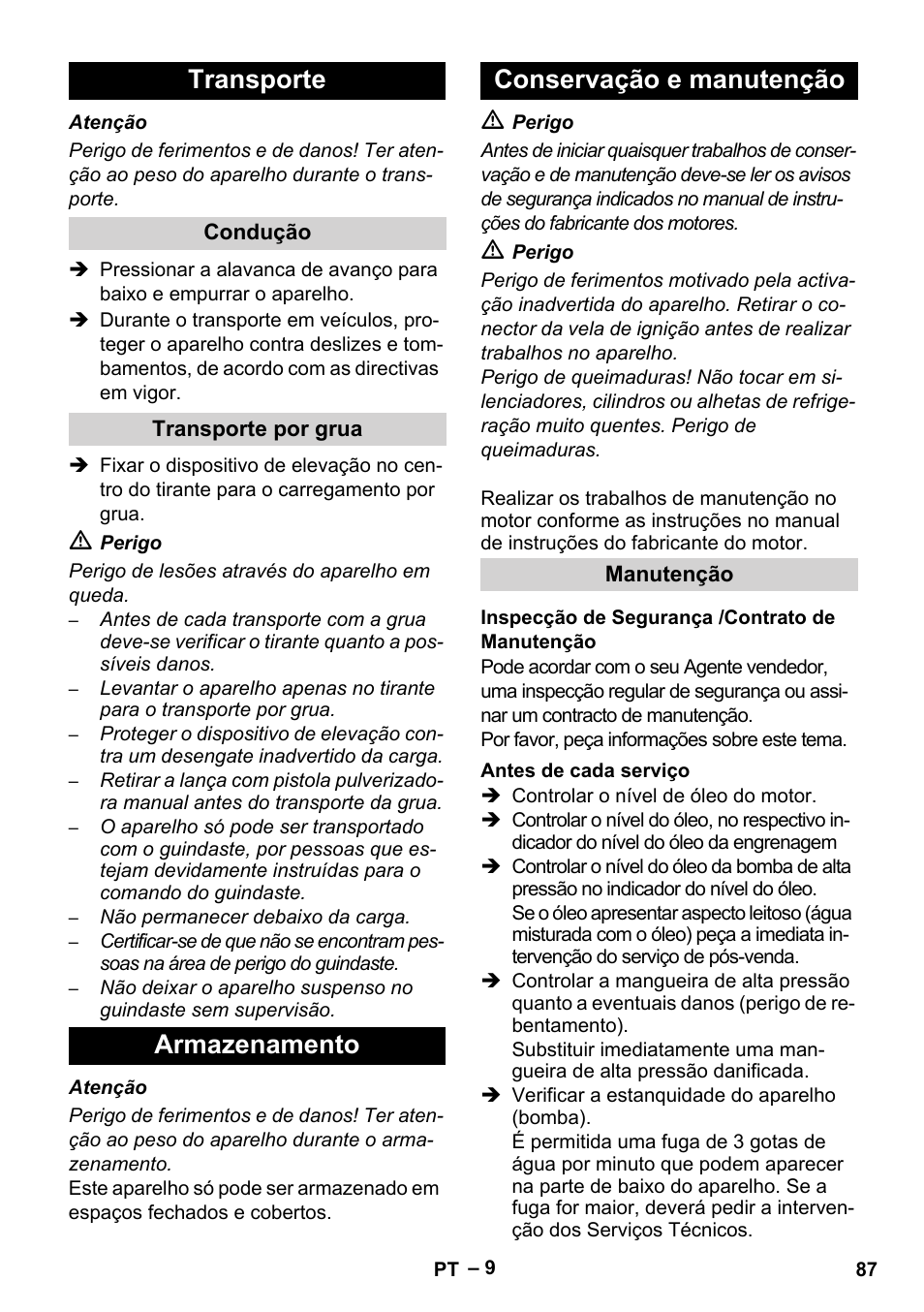 Transporte, Armazenamento conservação e manutenção | Karcher HD 9-50 Pe User Manual | Page 87 / 352