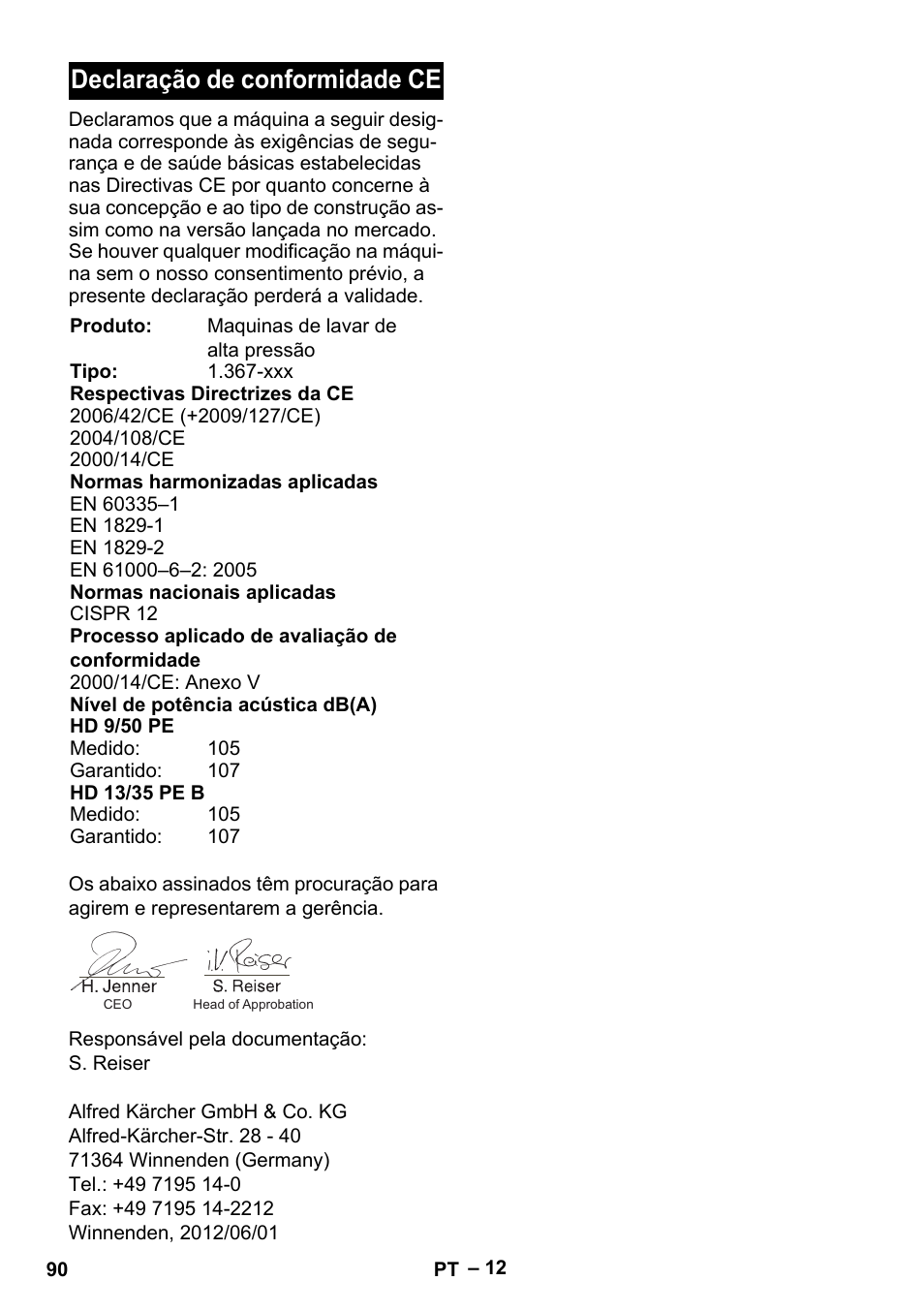 Declaração de conformidade ce | Karcher HD 9-50 Pe User Manual | Page 90 / 352