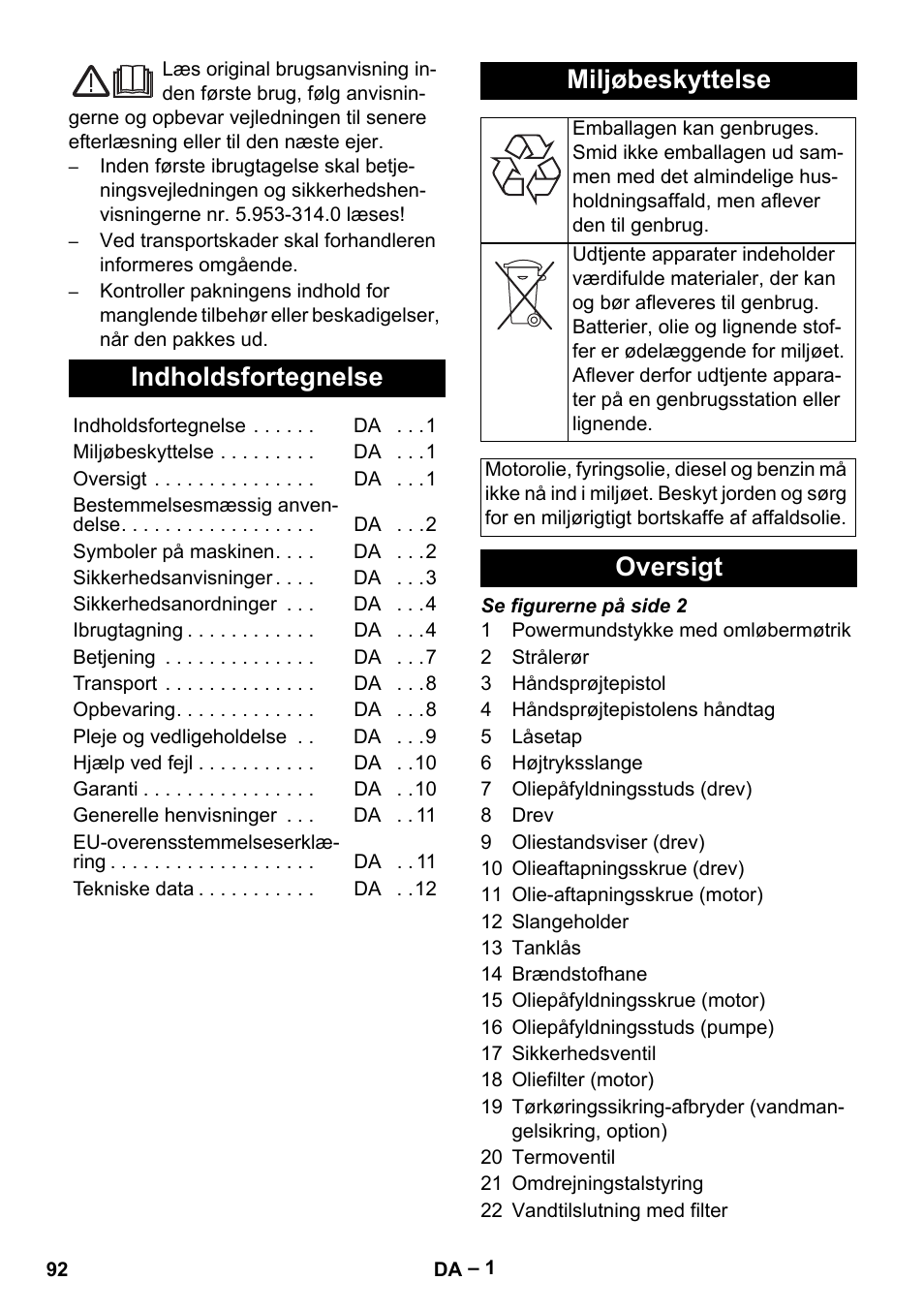 Dansk, Indholdsfortegnelse, Miljøbeskyttelse | Oversigt | Karcher HD 9-50 Pe User Manual | Page 92 / 352