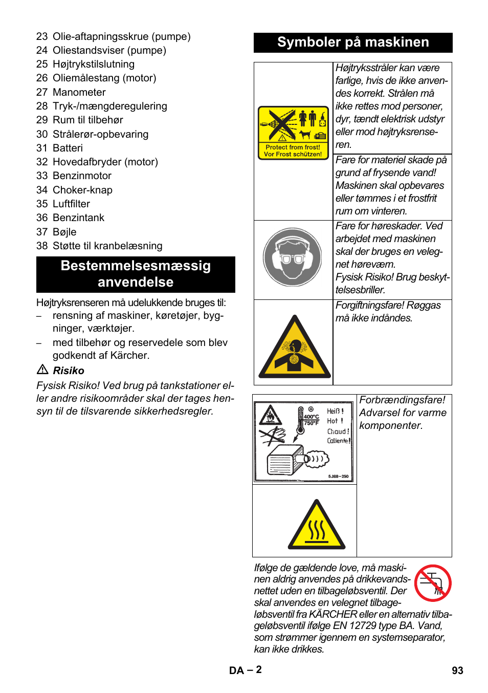 Bestemmelsesmæssig anvendelse symboler på maskinen | Karcher HD 9-50 Pe User Manual | Page 93 / 352