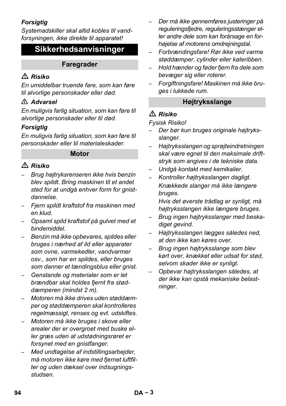 Sikkerhedsanvisninger | Karcher HD 9-50 Pe User Manual | Page 94 / 352