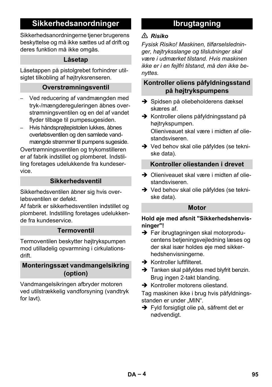 Sikkerhedsanordninger, Ibrugtagning | Karcher HD 9-50 Pe User Manual | Page 95 / 352