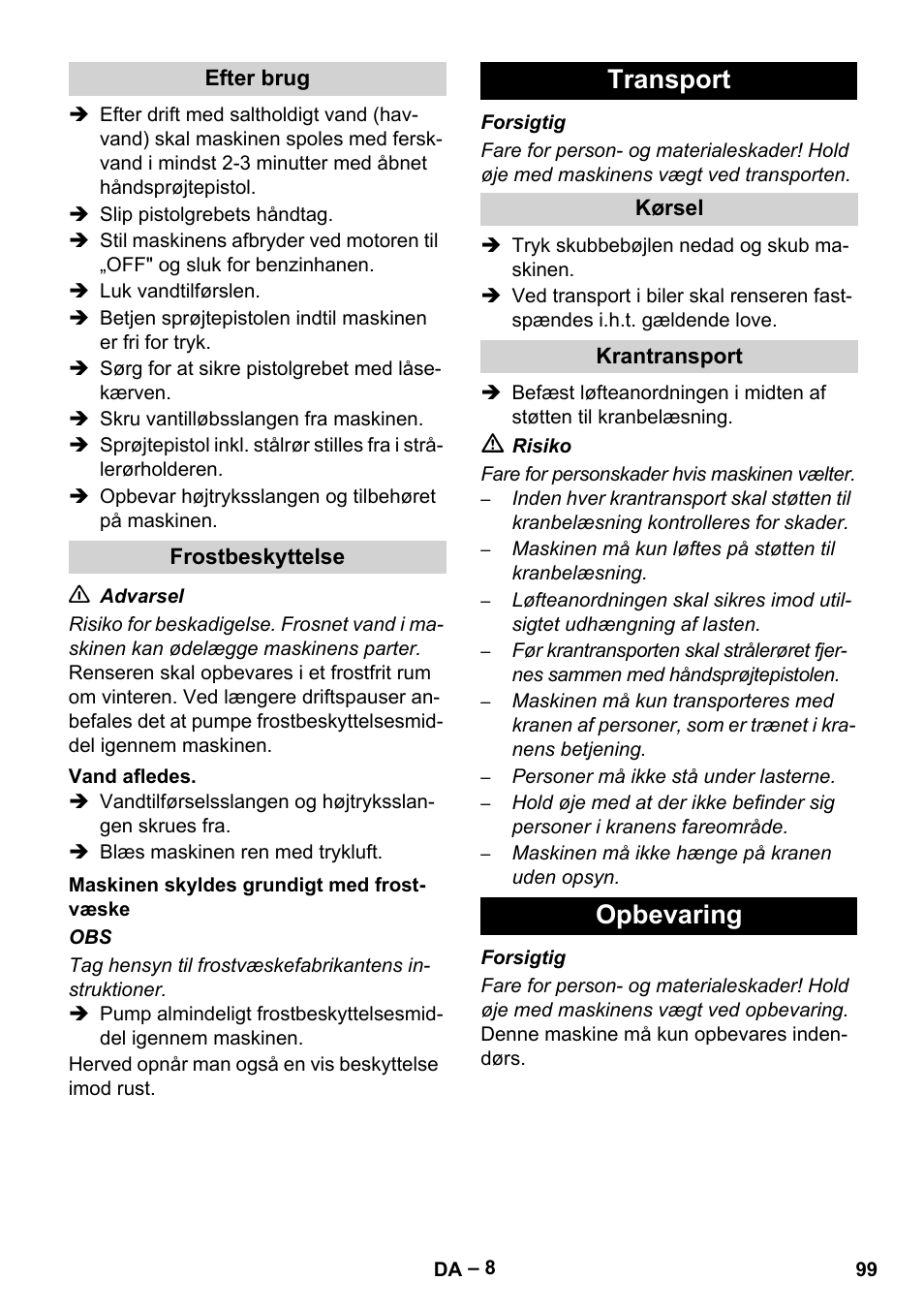 Transport, Opbevaring | Karcher HD 9-50 Pe User Manual | Page 99 / 352