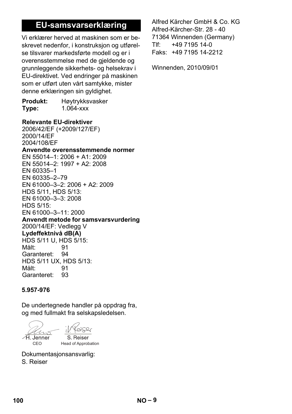 Eu-samsvarserklæring | Karcher HDS 5-11 U User Manual | Page 100 / 296