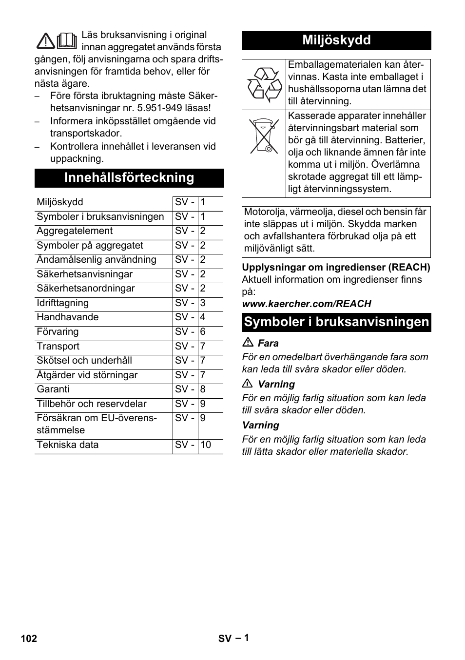 Svenska, Innehållsförteckning, Miljöskydd | Symboler i bruksanvisningen | Karcher HDS 5-11 U User Manual | Page 102 / 296