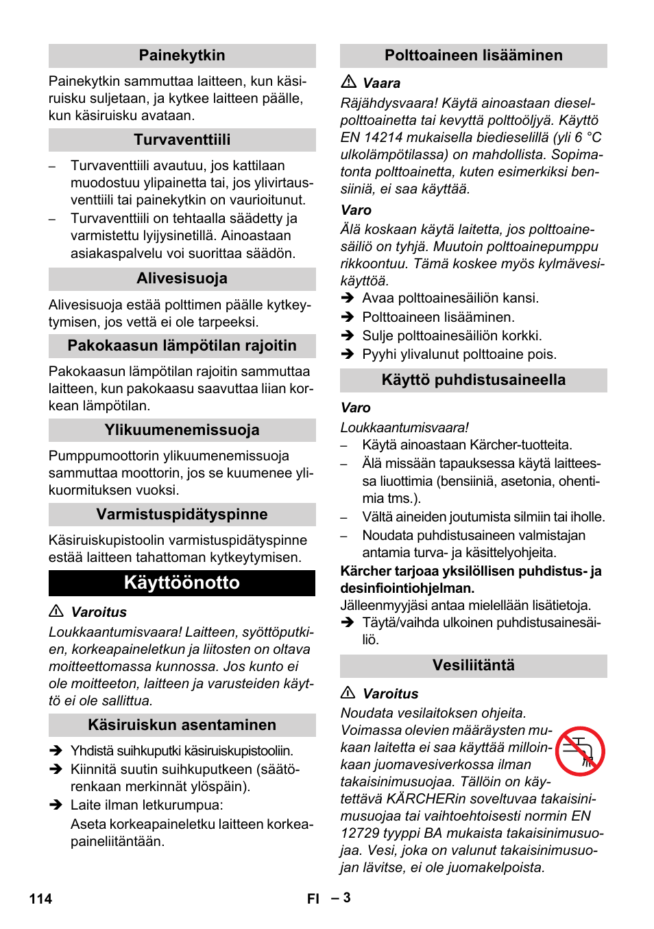 Käyttöönotto | Karcher HDS 5-11 U User Manual | Page 114 / 296