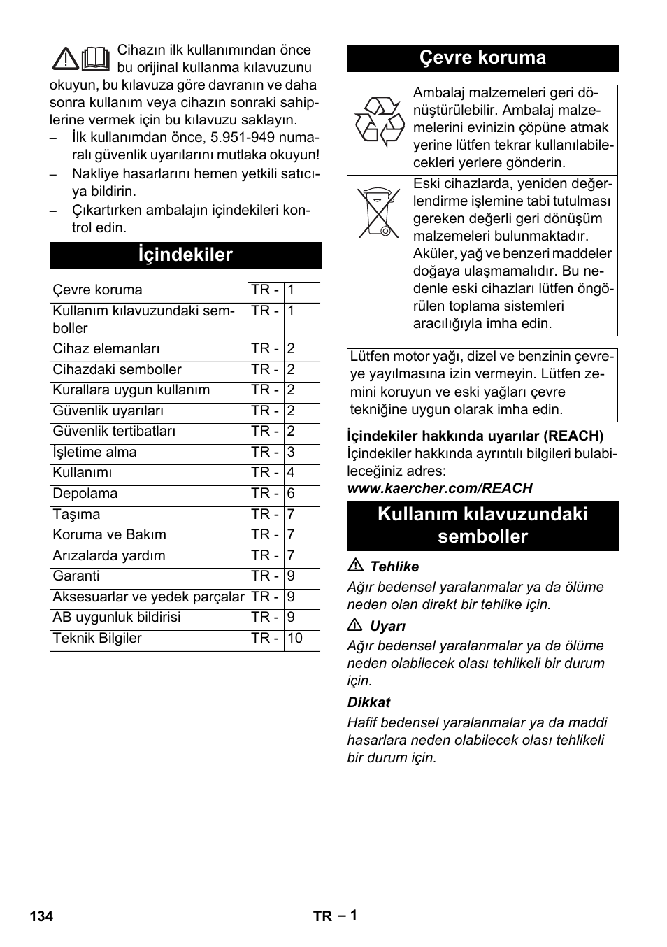 Türkçe, Içindekiler, Çevre koruma | Kullanım kılavuzundaki semboller | Karcher HDS 5-11 U User Manual | Page 134 / 296