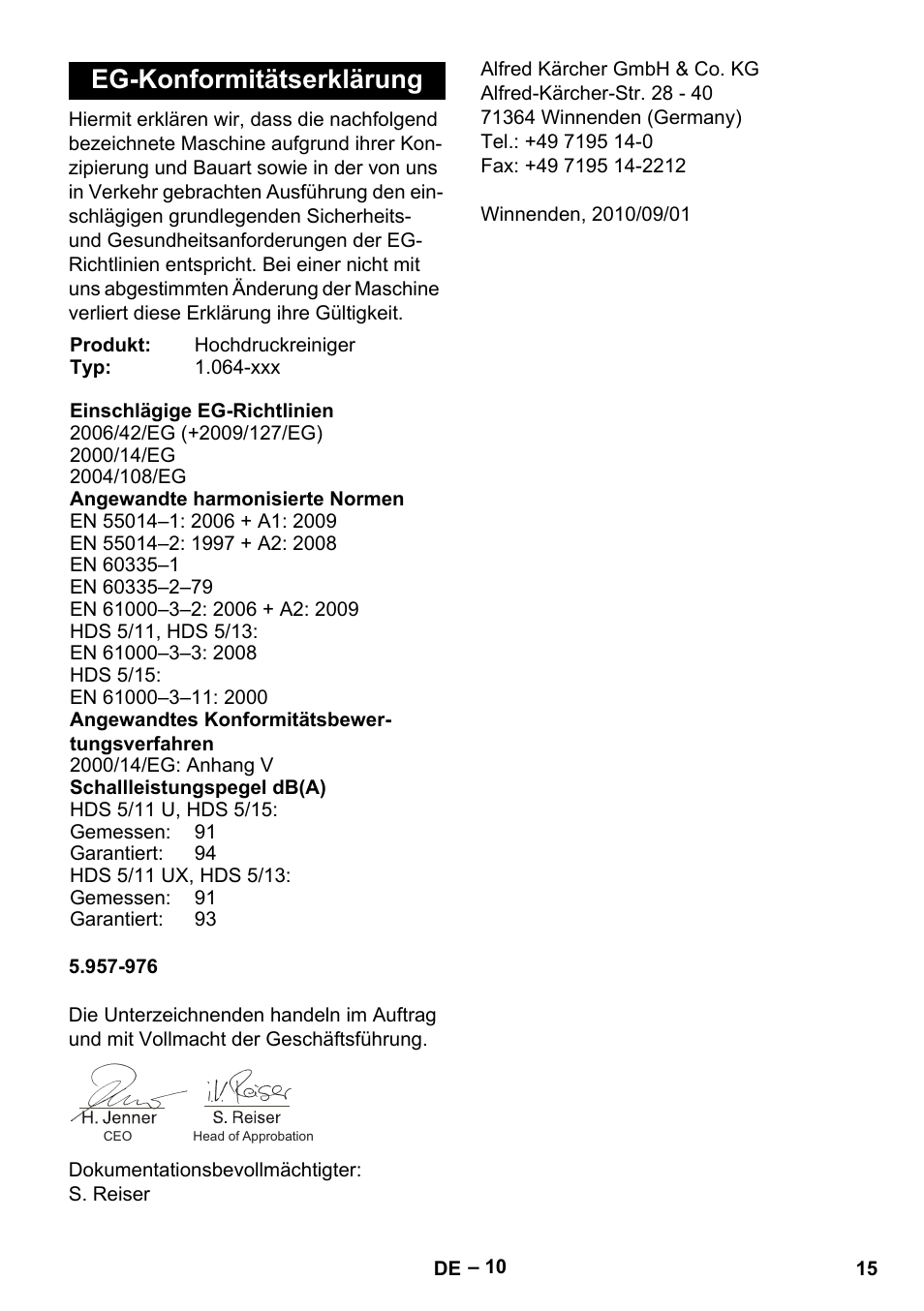 Eg-konformitätserklärung | Karcher HDS 5-11 U User Manual | Page 15 / 296