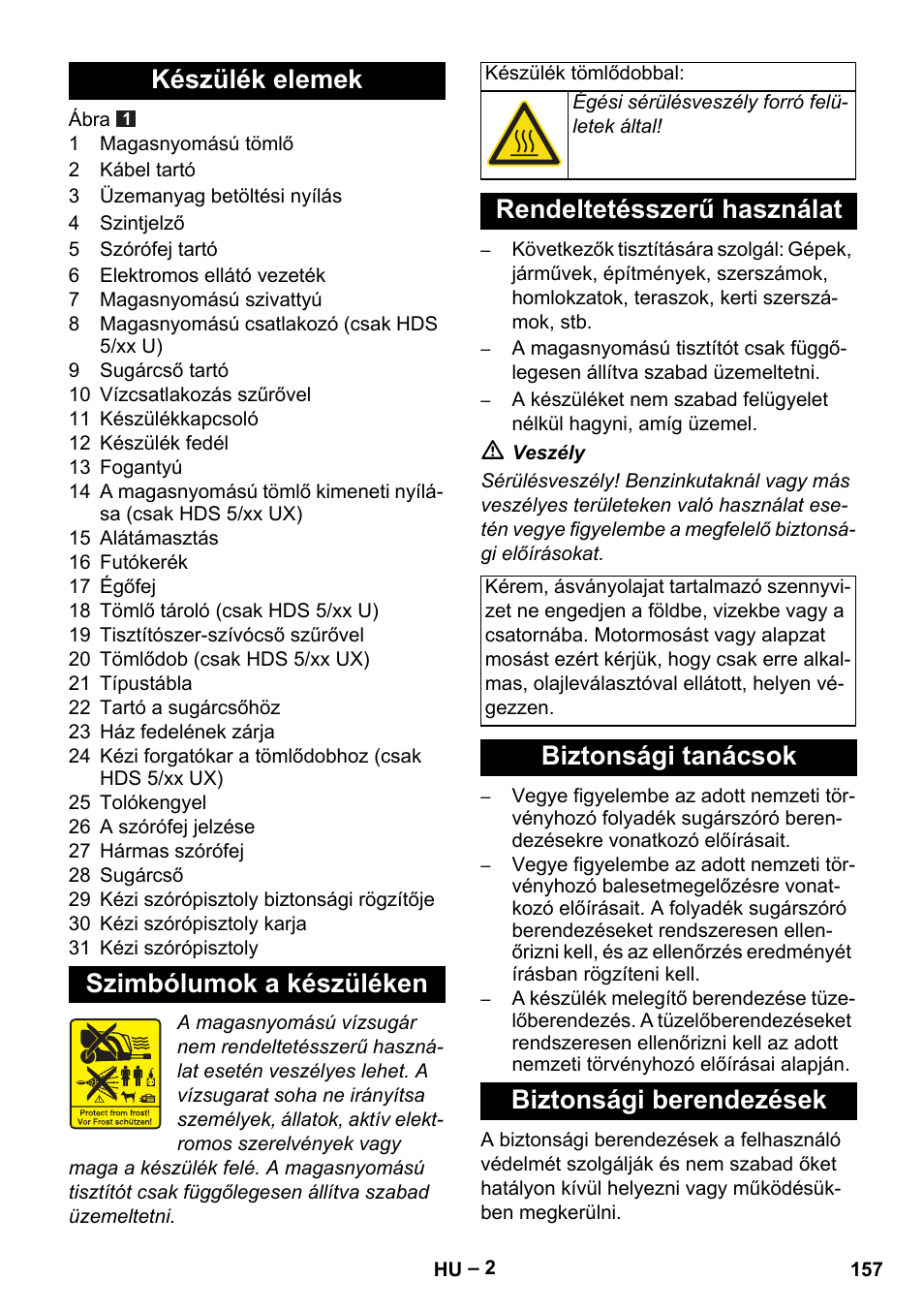 Készülék elemek szimbólumok a készüléken, Rendeltetésszerű használat, Biztonsági tanácsok biztonsági berendezések | Karcher HDS 5-11 U User Manual | Page 157 / 296