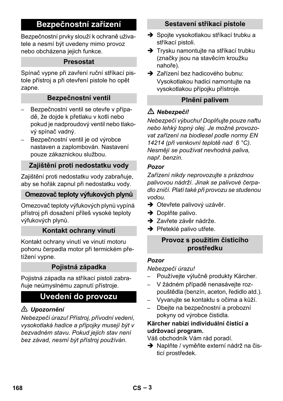 Bezpečnostní zařízení, Uvedení do provozu | Karcher HDS 5-11 U User Manual | Page 168 / 296