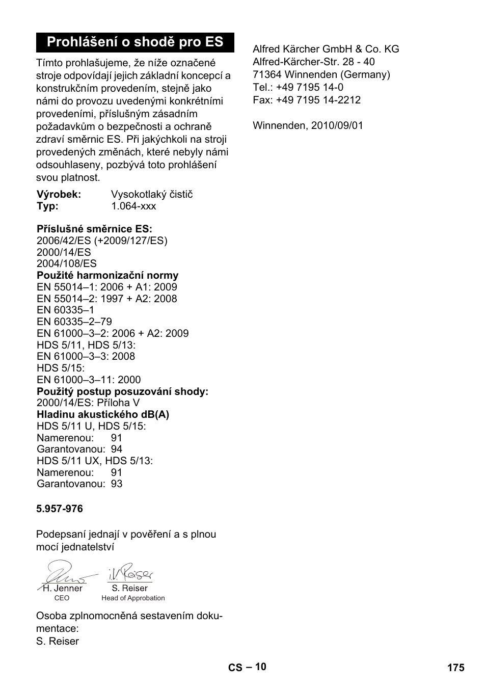 Prohlášení o shodě pro es | Karcher HDS 5-11 U User Manual | Page 175 / 296