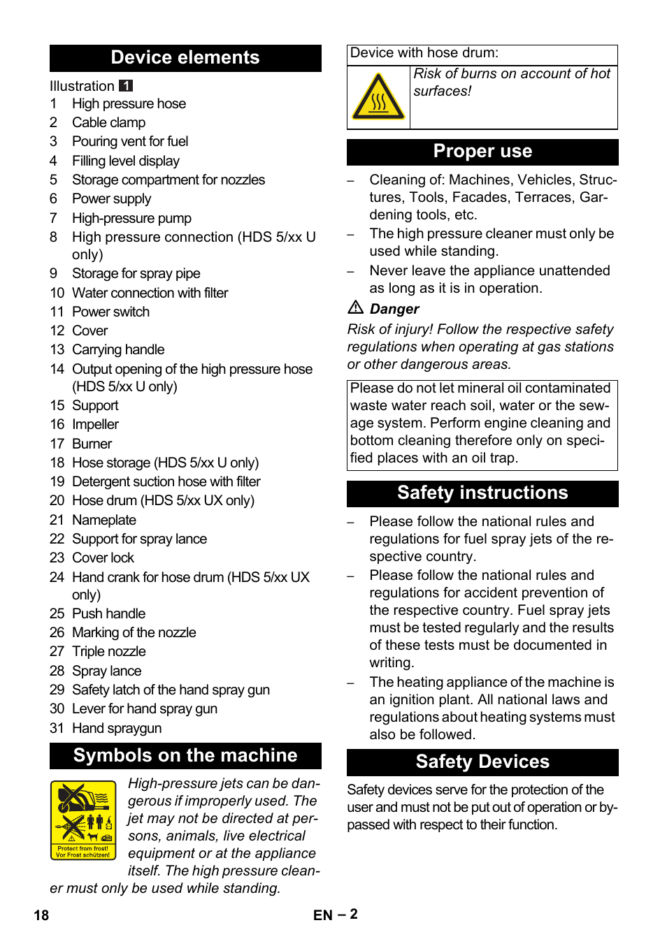 Device elements symbols on the machine, Proper use, Safety instructions safety devices | Karcher HDS 5-11 U User Manual | Page 18 / 296