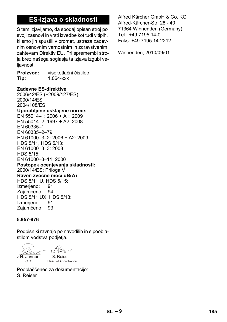 Es-izjava o skladnosti | Karcher HDS 5-11 U User Manual | Page 185 / 296