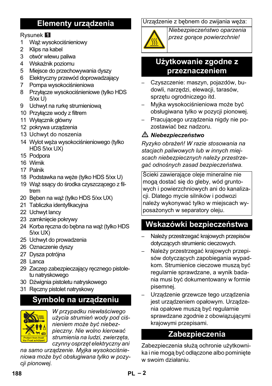 Elementy urządzenia symbole na urządzeniu, Użytkowanie zgodne z przeznaczeniem, Wskazówki bezpieczeństwa zabezpieczenia | Karcher HDS 5-11 U User Manual | Page 188 / 296