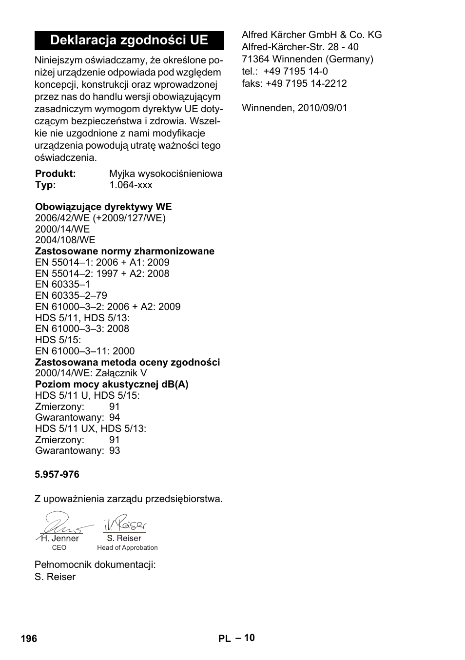 Deklaracja zgodności ue | Karcher HDS 5-11 U User Manual | Page 196 / 296
