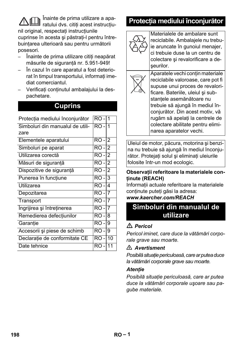 Româneşte, Românete, Cuprins | Protecţia mediului înconjurător, Simboluri din manualul de utilizare | Karcher HDS 5-11 U User Manual | Page 198 / 296
