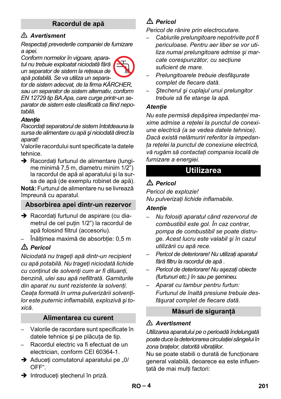 Utilizarea | Karcher HDS 5-11 U User Manual | Page 201 / 296