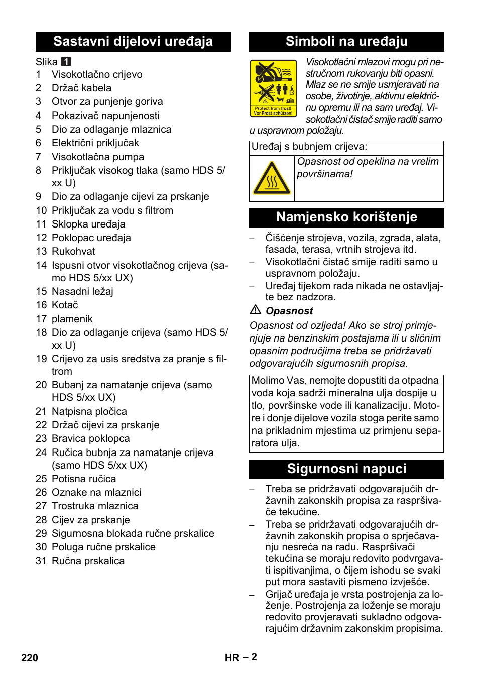 Sastavni dijelovi uređaja simboli na uređaju, Namjensko korištenje, Sigurnosni napuci | Karcher HDS 5-11 U User Manual | Page 220 / 296