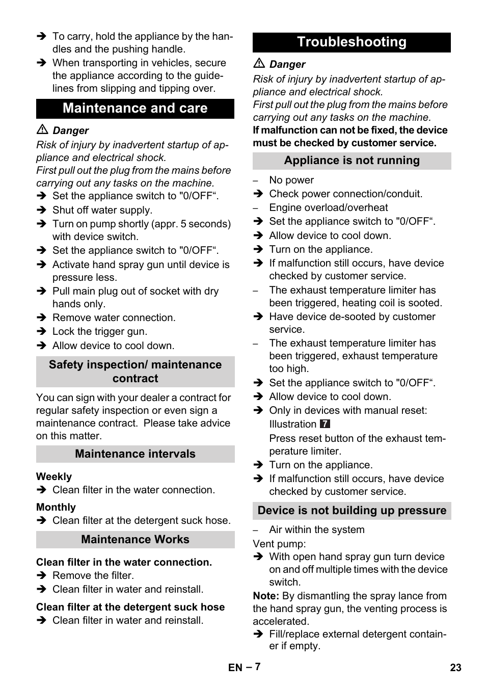 Maintenance and care, Troubleshooting | Karcher HDS 5-11 U User Manual | Page 23 / 296