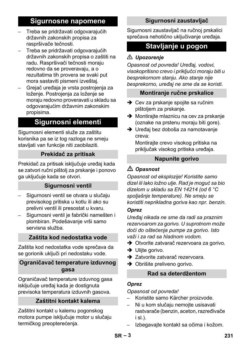 Sigurnosne napomene sigurnosni elementi, Stavljanje u pogon | Karcher HDS 5-11 U User Manual | Page 231 / 296