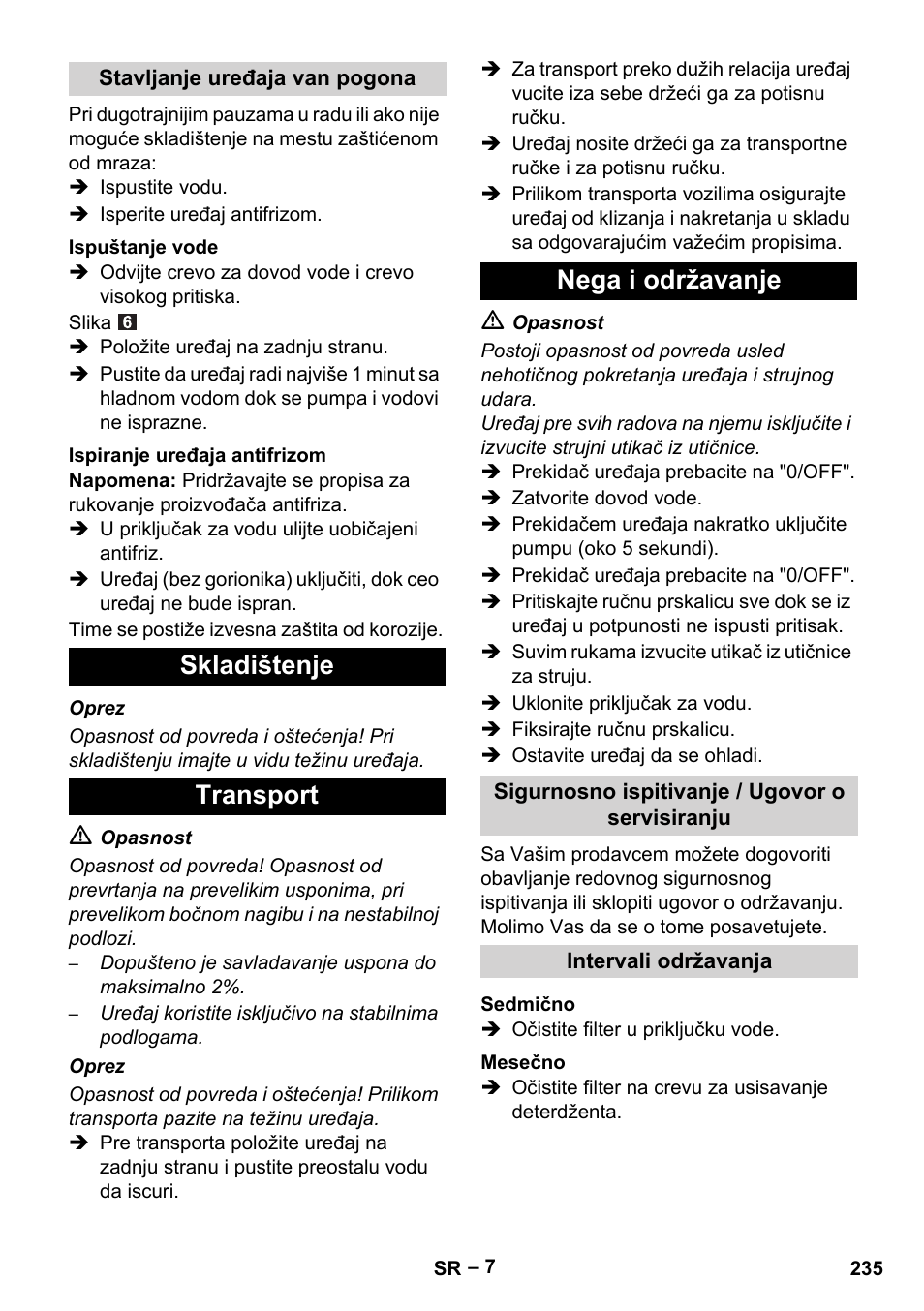 Skladištenje transport nega i održavanje | Karcher HDS 5-11 U User Manual | Page 235 / 296