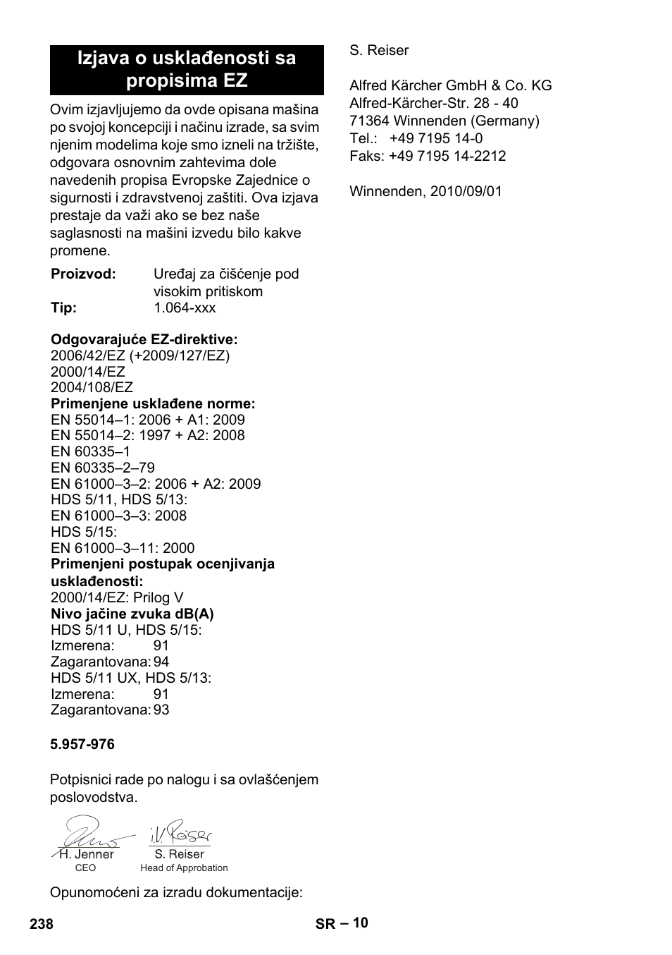 Izjava o usklađenosti sa propisima ez | Karcher HDS 5-11 U User Manual | Page 238 / 296